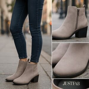 JustFab Taupe Faux Suede Ankle Boots Side Zip Block Heel Booties‎ Size 9 Western